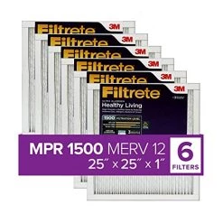 Filtrete 25x25x1 Air Filter, MPR 1500, MERV 12, Healthy Living Ultra-Allergen 3-Month Pleated 1-Inch Air Filters, 6 Filters